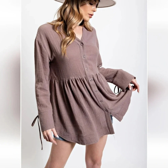 New! Easel Mocha Button Down Long Sleeve Cotton Tunic Top - Picture 1 of 6
